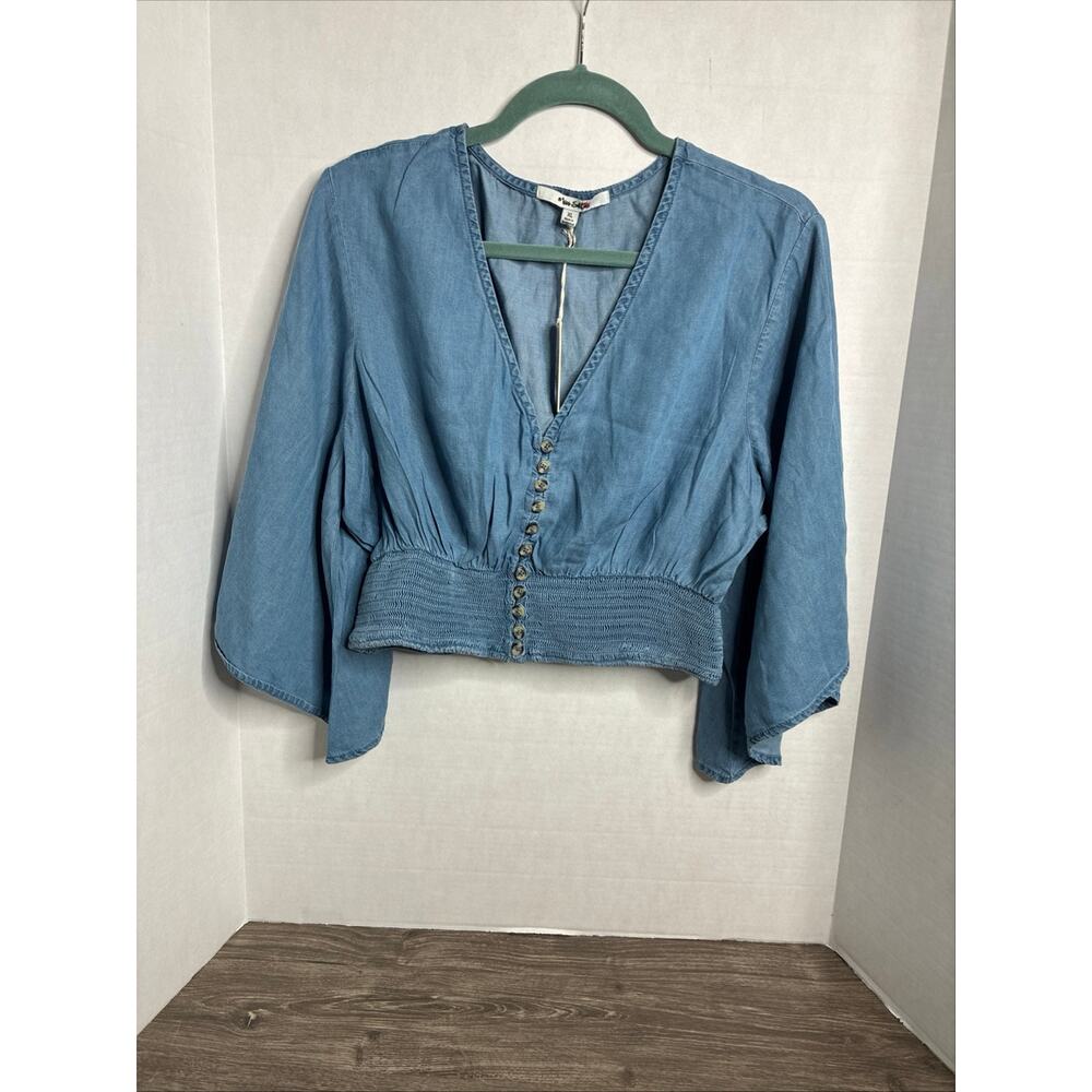 Miss Selfie XL Junior's Chambray Crop Top NWT Milkmaid V-Neck
